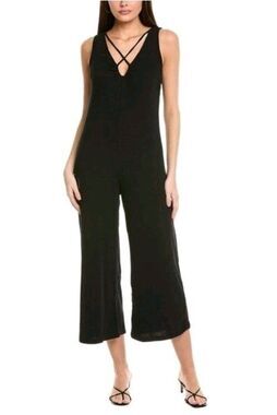 Project Social T Wavelength Rib Knit Strappy Black Wide Leg Crop Jumpsuit SMALL
